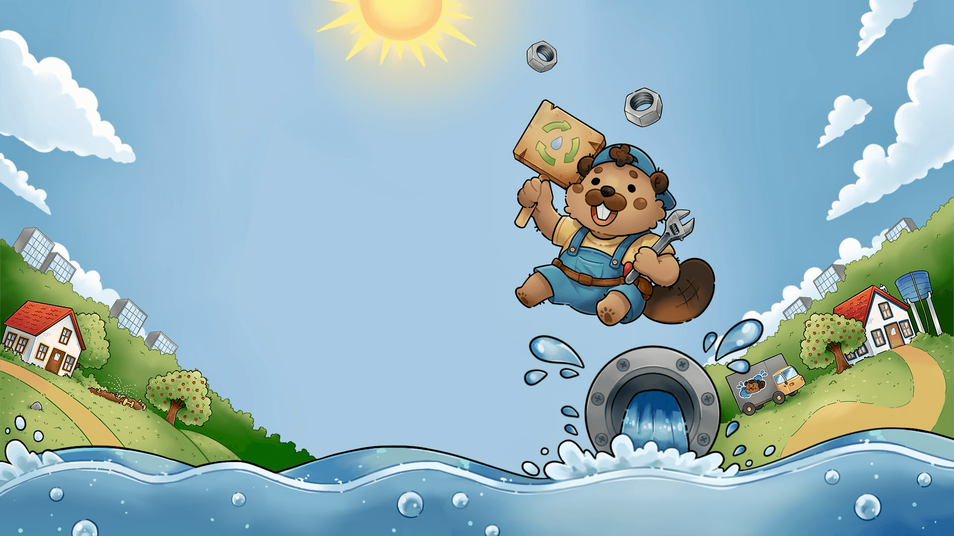 Ecoris game illustration: beaver plumber and a colourful water and community scene